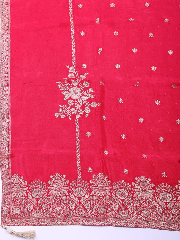 Embroidered Chanderi Unstitched Suit With Pant &amp; Dupatta