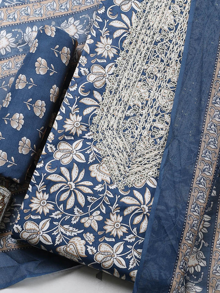 Printed Cotton Blend Unstitched Suit With Pant &amp; Dupatta