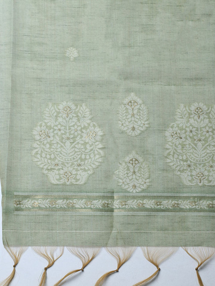 Printed Chanderi Unstitched Suit With Pant &amp; Dupatta