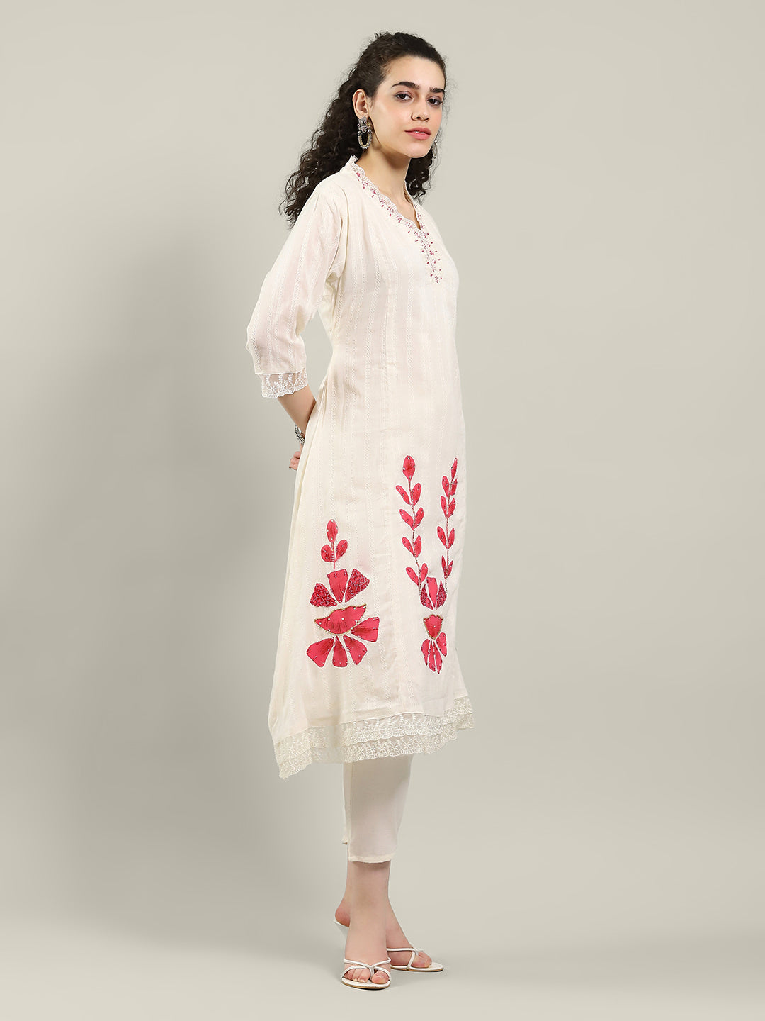 Neck Embroidered Cotton Blend Kurta With Pants &amp; Dupatta