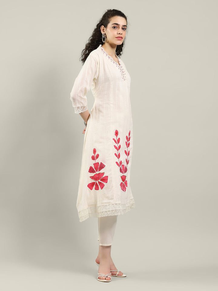 Neck Embroidered Cotton Blend Kurta With Pants &amp; Dupatta