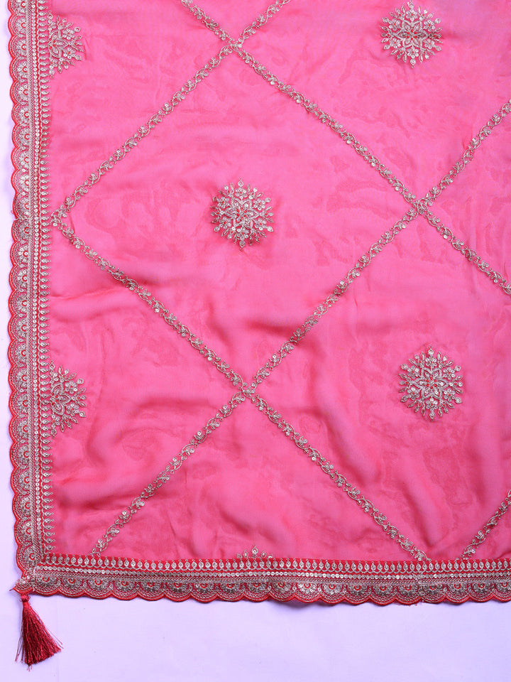 Embroidered Art Silk Unstitched Suit With Pant &amp; Dupatta