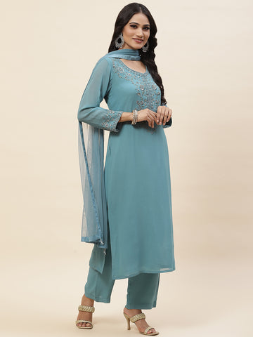 Neck Embroidered Georgette Kurta With Palazzo & Dupatta