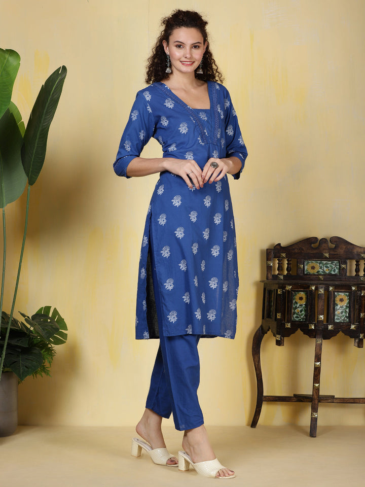 Printed Cotton Blend Kurta With Pants &amp; Dupatta