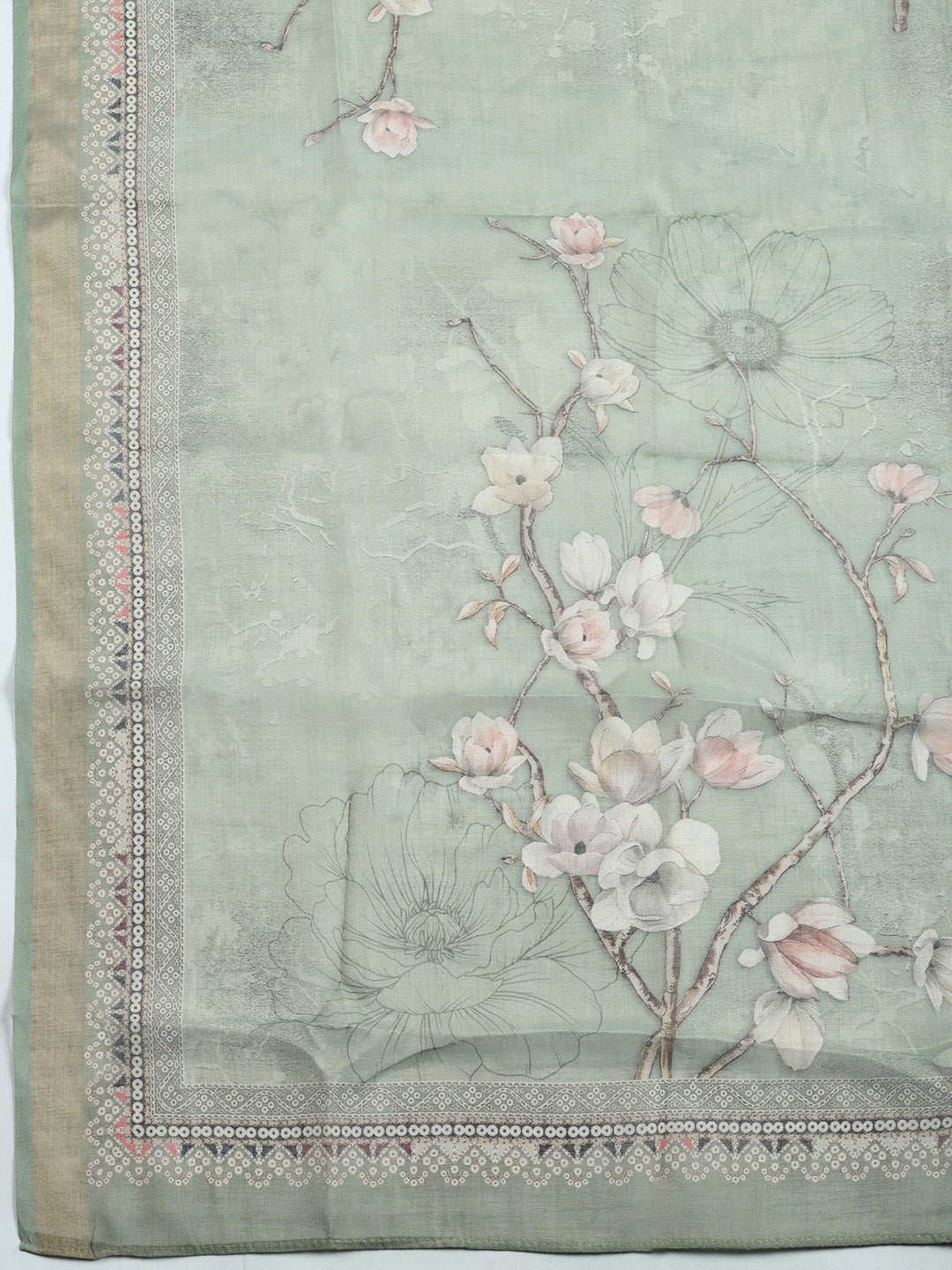 Printed Linen Blend Unstitched Suit With Pant &amp; Dupatta