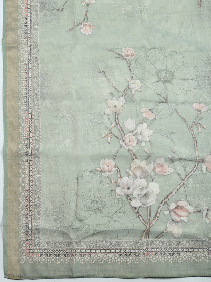 Printed Linen Blend Unstitched Suit With Pant &amp; Dupatta