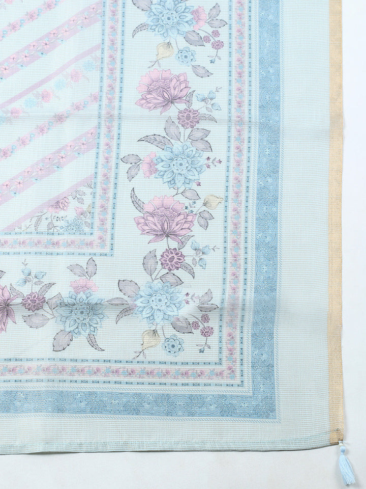 Printed Linen Blend Unstitched Suit With Pant &amp; Dupatta