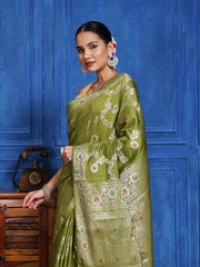 Zari Border Booti Cotton Blend Woven Saree