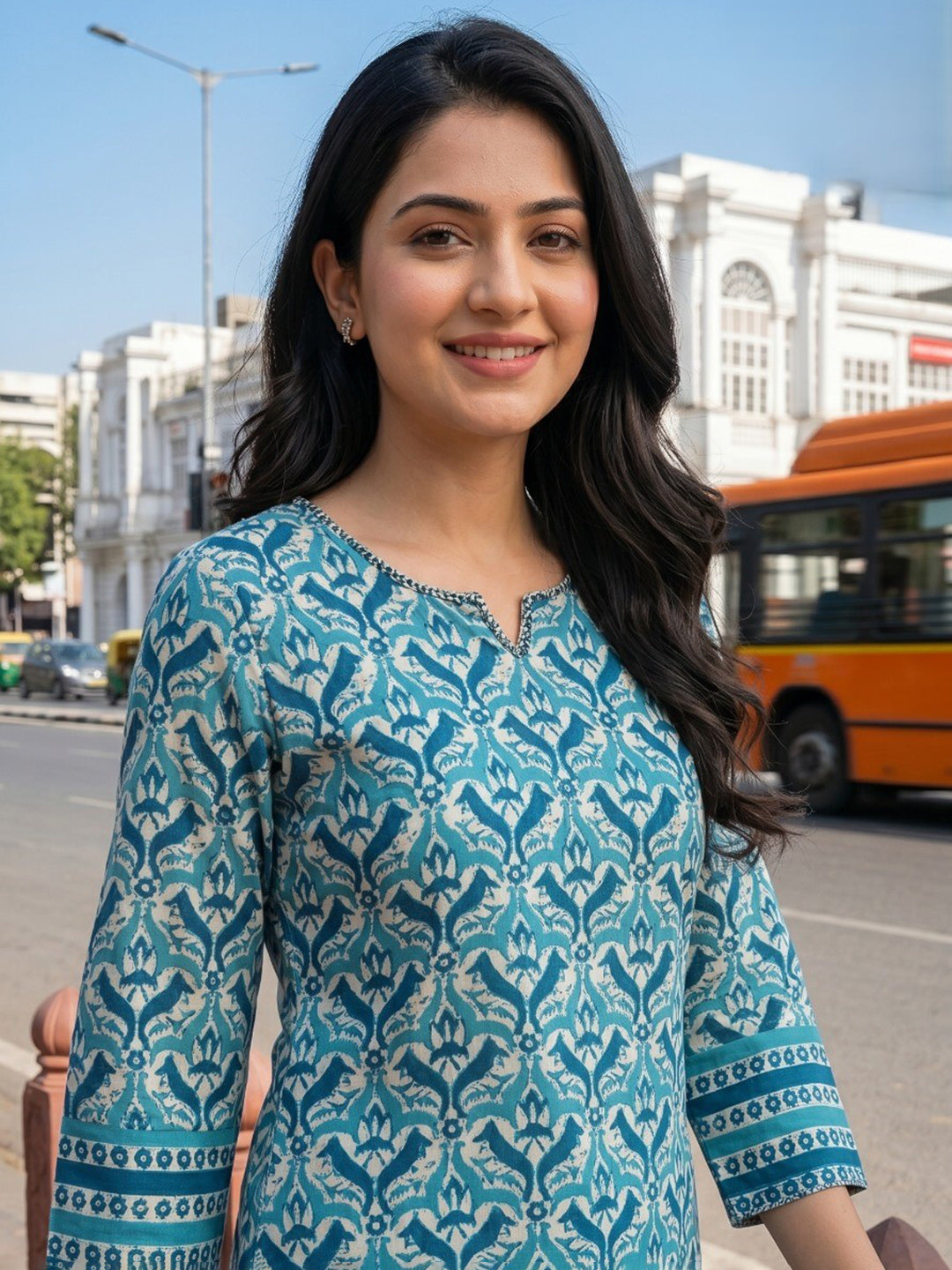 Sky Blue Embroidered Cotton Blend Straight Round Neck Suit Set