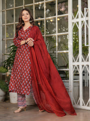 Neck Embroidery Cotton Blend Kurta With Pants & Dupatta