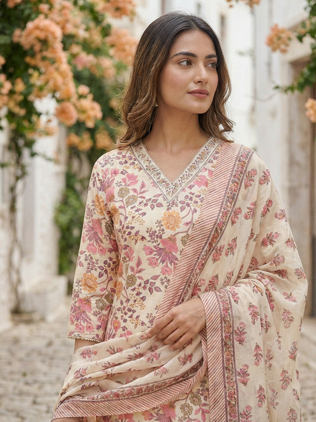 Printed Cotton Blend Suit With Pant &amp; Dupatta