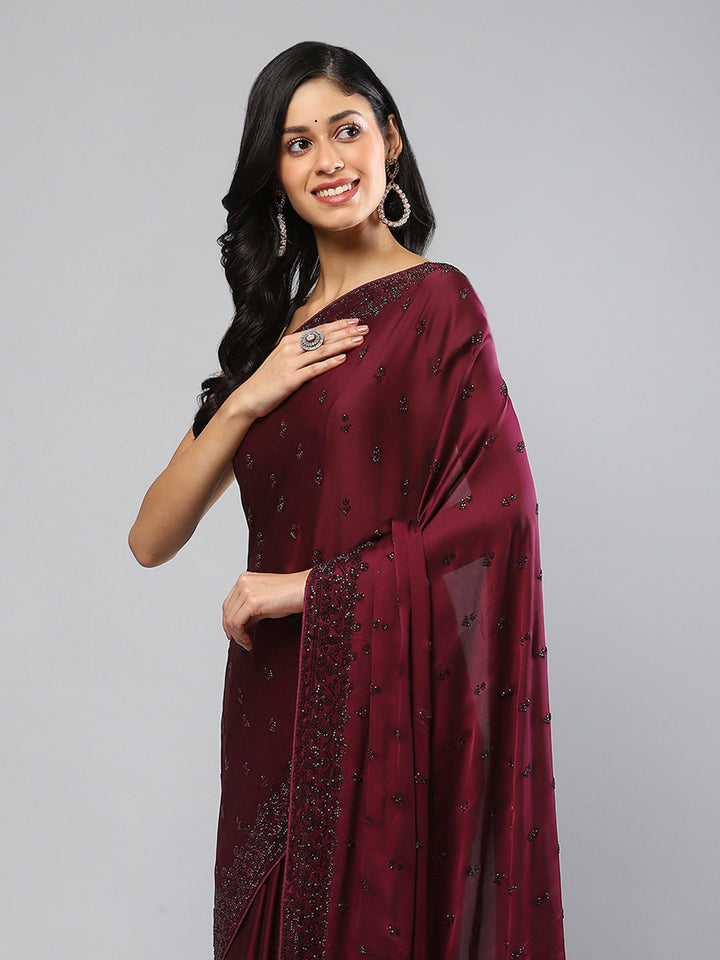 Stone Work Embellished Satin Saree