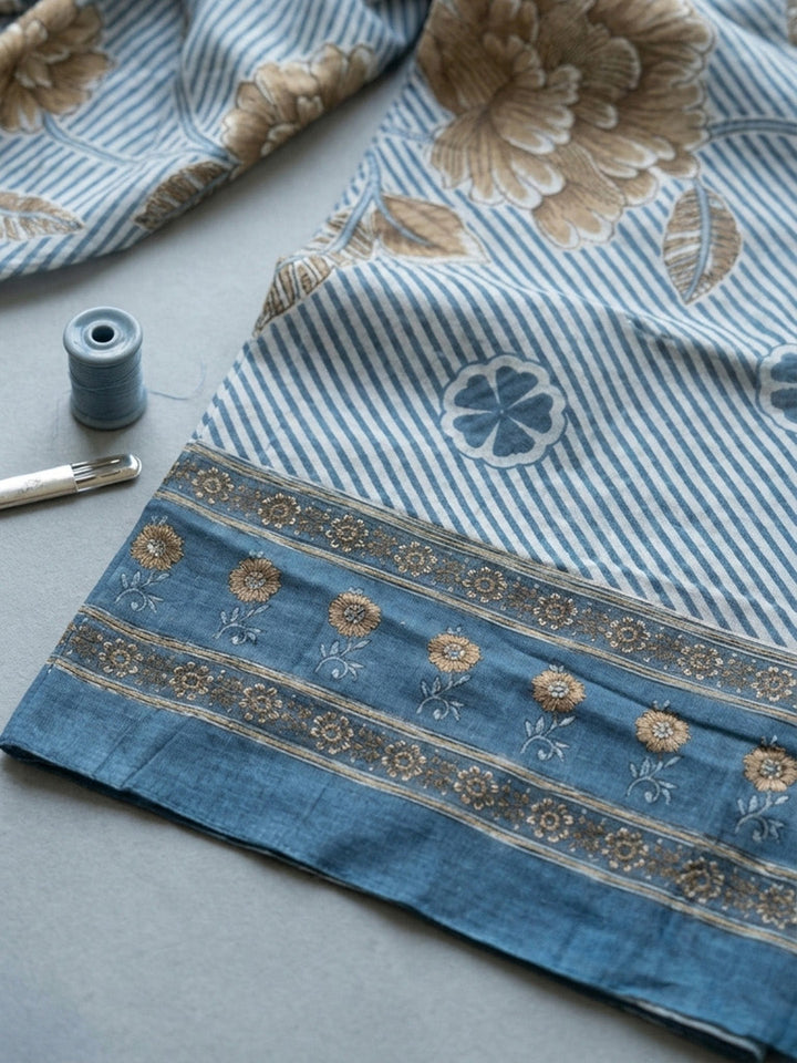 Embroidered Cotton Blend Unstitched Suit With Pant &amp; Dupatta