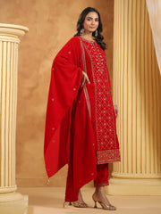 Neck Embroidered Velvet Kurta With Pants & Dupatta