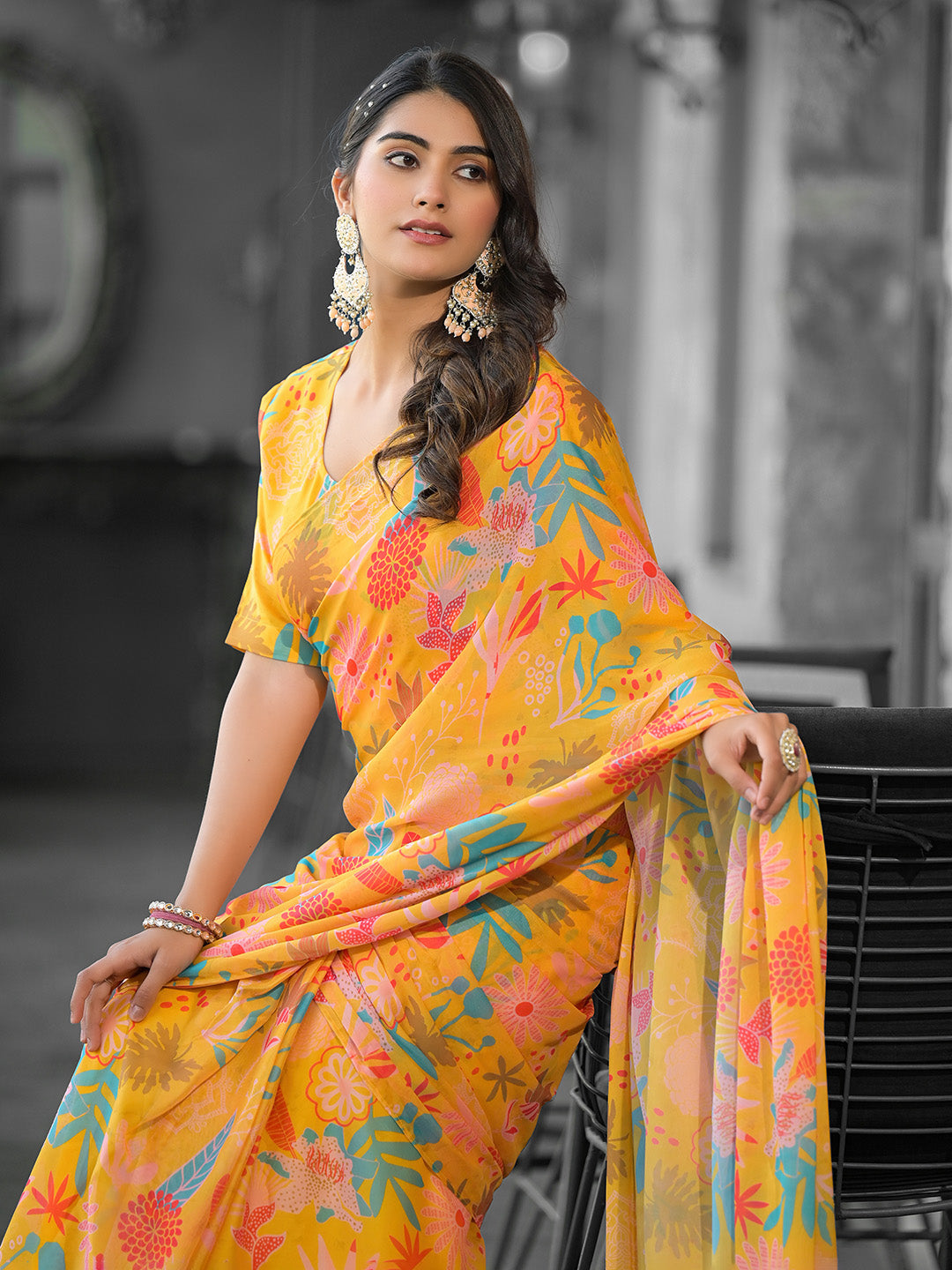 Printed Georgette Readymade Saree With Stitched Blouse