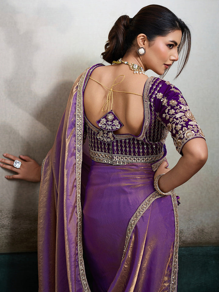 Embroidered Satin Saree With Readymade Blouse