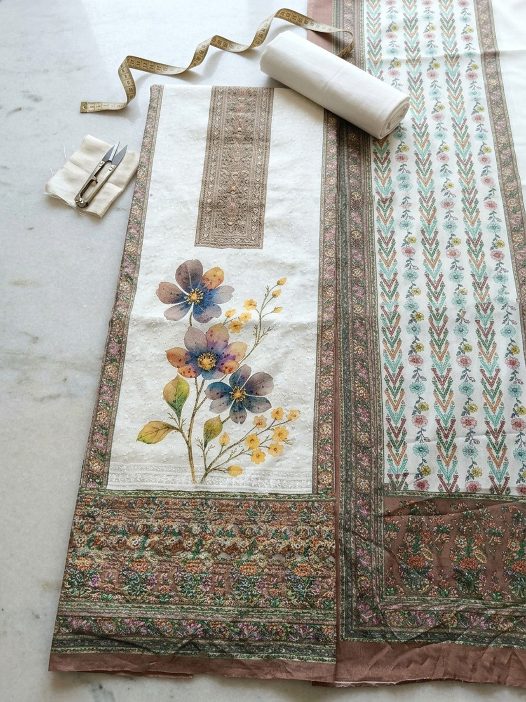 Embroidered Cotton Blend Unstitched Suit With Pant &amp; Dupatta