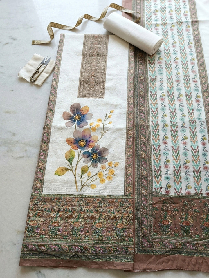 Embroidered Cotton Blend Unstitched Suit With Pant &amp; Dupatta