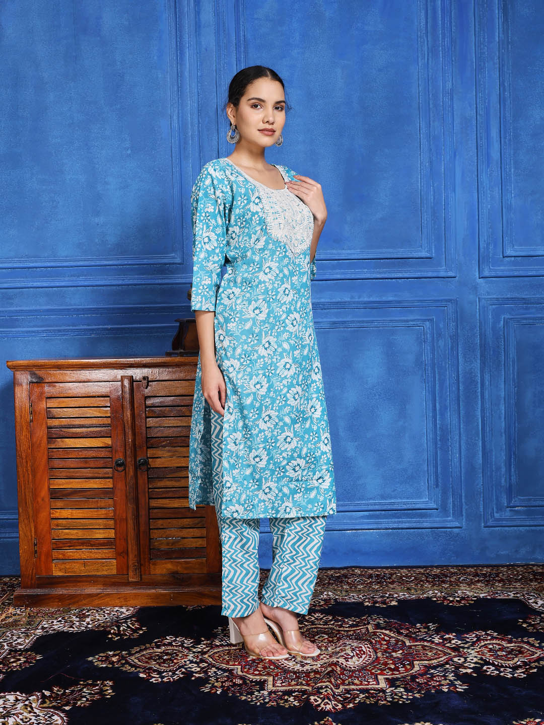 Printed Cotton Blend Kurta With Pants & Dupatta