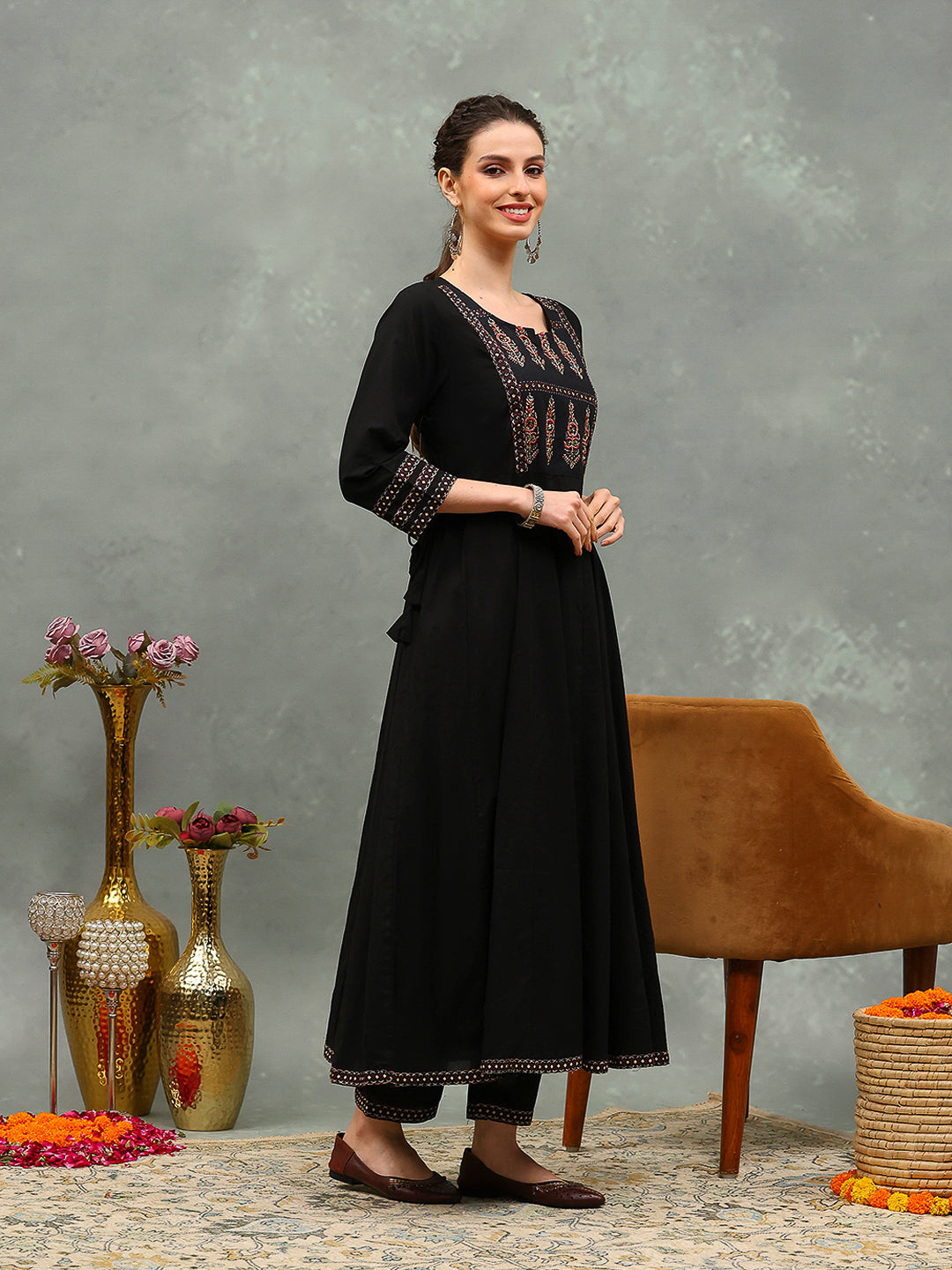 Embroidered Cotton Kurta With Pants &amp; Dupatta