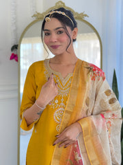 Embroidery Cotton Blend Kurta With Pants & Dupatta