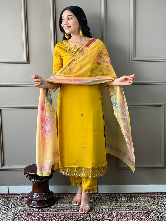 Resham Embroidery Cotton Blend Kurta With Pants & Dupatta