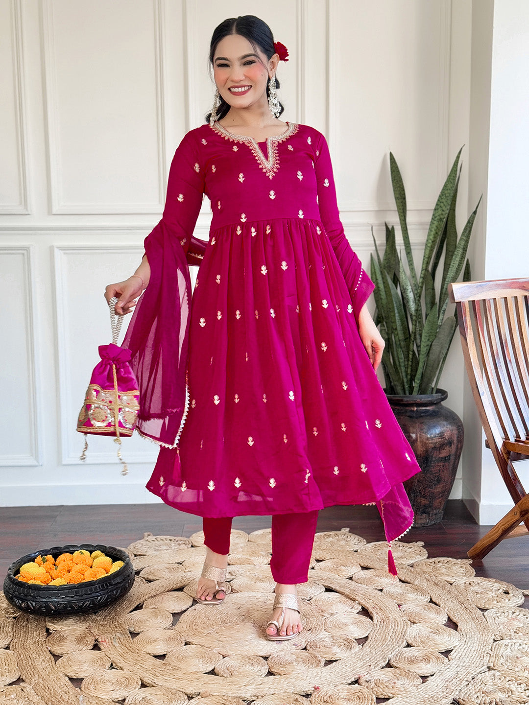 Neck Embroidery Cotton Blend Kurta With Pants &amp; Dupatta