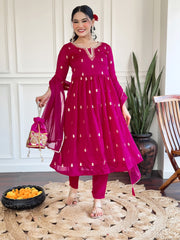 Neck Embroidery Cotton Blend Kurta With Pants & Dupatta