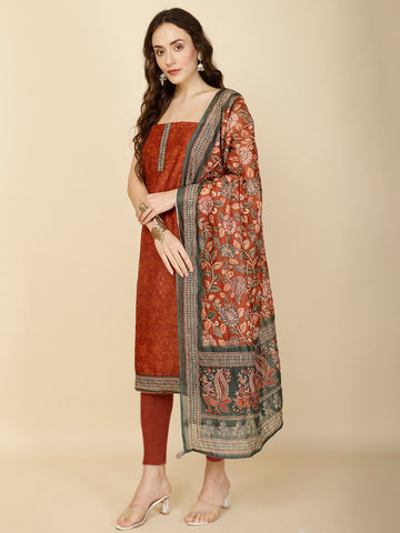 Kantha Embroidery & Printed Chanderi Unstitched Suit Piece With Dupatta