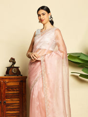 Embroidered Tissue Pink Saree