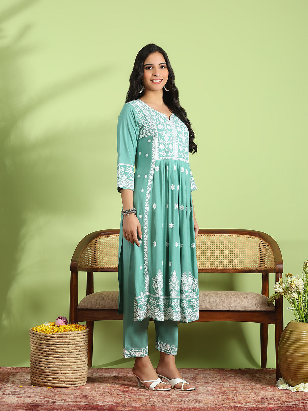 Embroidered Cotton Kurta With Pant &amp; Dupatta