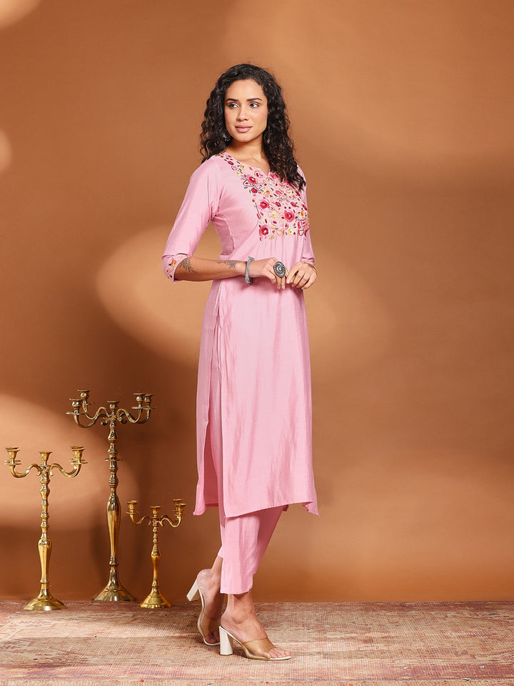 Pink Cotton Blend Embroidered A Line Suit Set