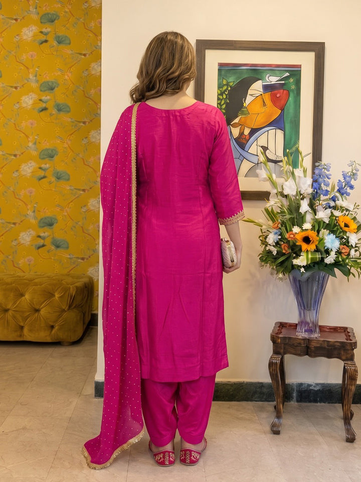 Pink Printed Crepe Kurta With Pant &amp; Dupatta