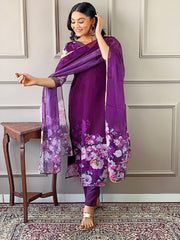 Floral Printed Organza Kurta With Pants & Dupatta