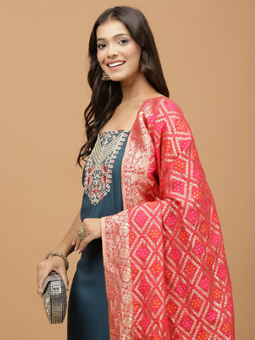 Neck Embroidered Chanderi Unstitched Suit Piece With Dupatta