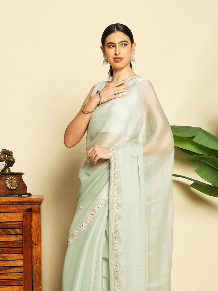 Stone &amp; Thread Embroidered Organza Saree