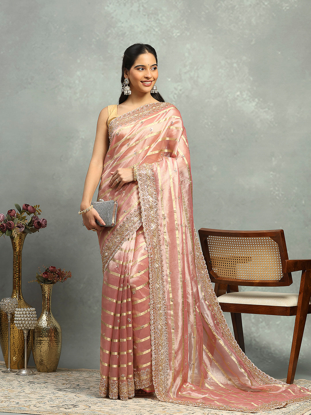 Pearl &amp; Sequin Embroidered Tissue Saree