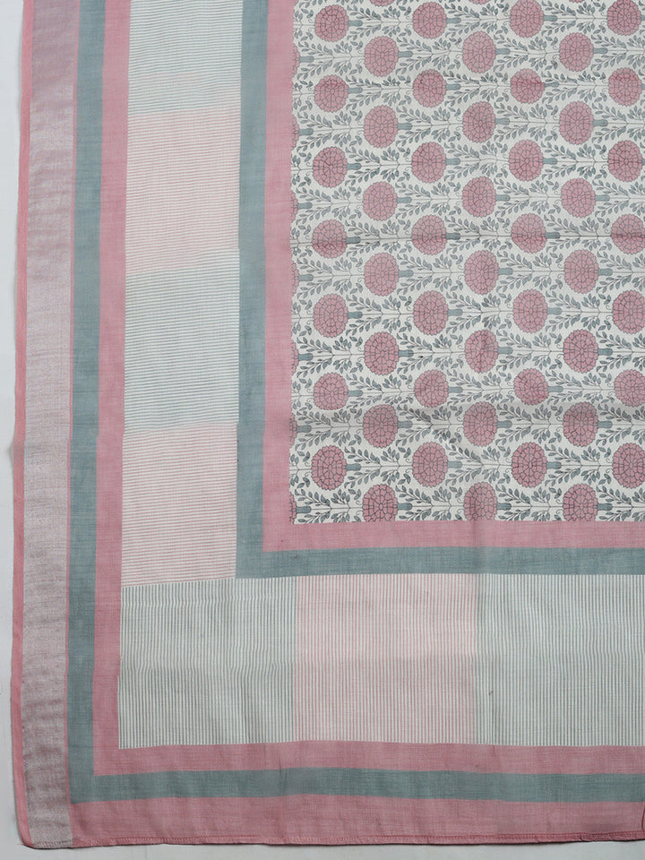 Printed Linen Blend Unstitched Suit With Pant &amp; Dupatta