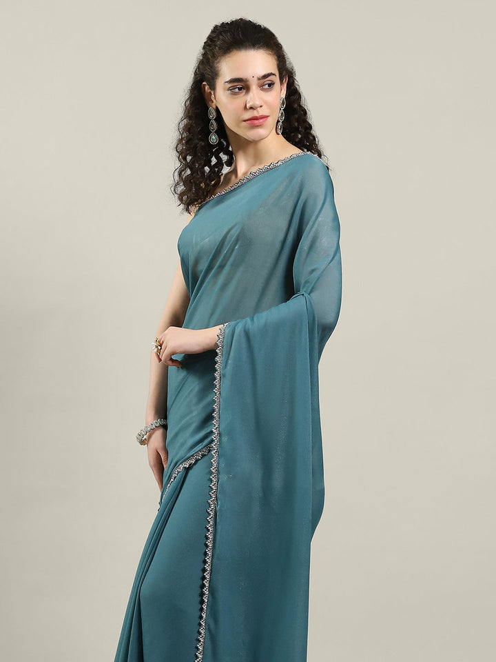 Plain Lace Border Georgette Saree