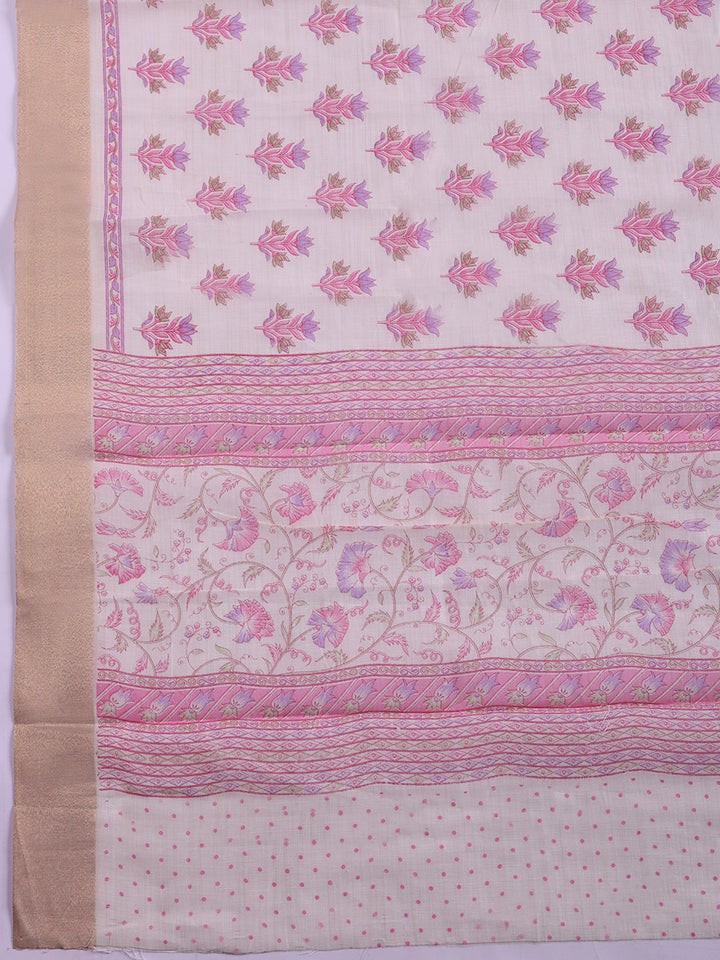Printed, Chanderi Unstitched Suit With Pant &amp; Dupatta