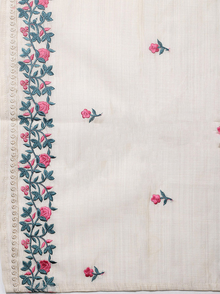 Embroidered Tussar Silk Unstitched Suit With Pant &amp; Dupatta