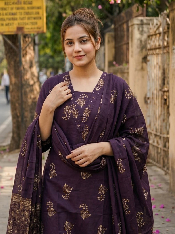 Neck Embroidered Cotton Blend Kurta With Pant &amp; Dupatta