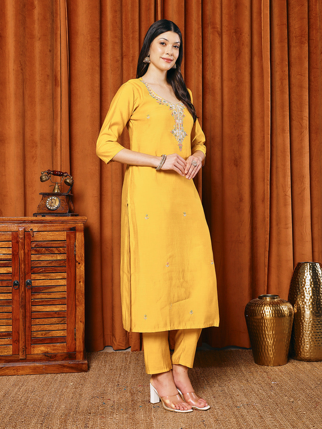 Embroidered Cotton Blend Kurta With Pants & Dupatta