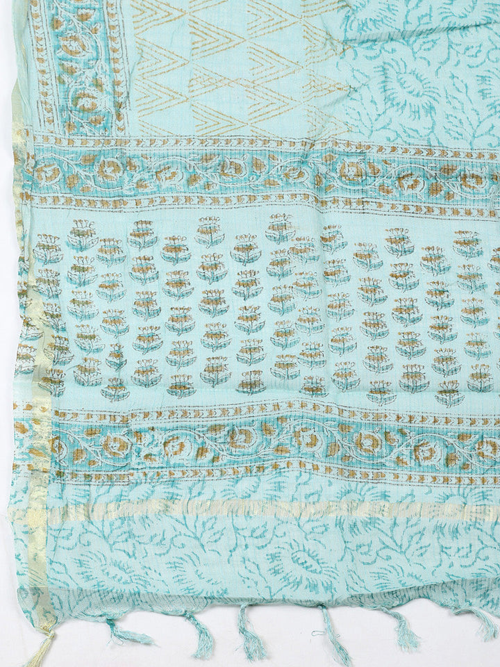 Printed Cotton Blend Unstitched Suit With Pant &amp; Dupatta