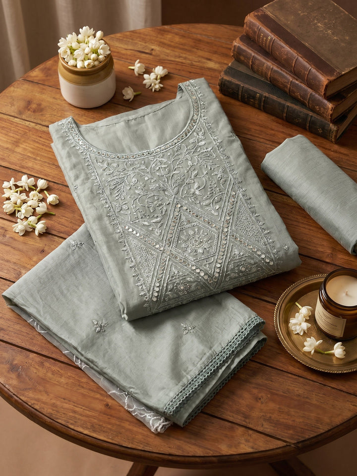 Neck Embroidered Chanderi Unstitched Suit With Dupatta