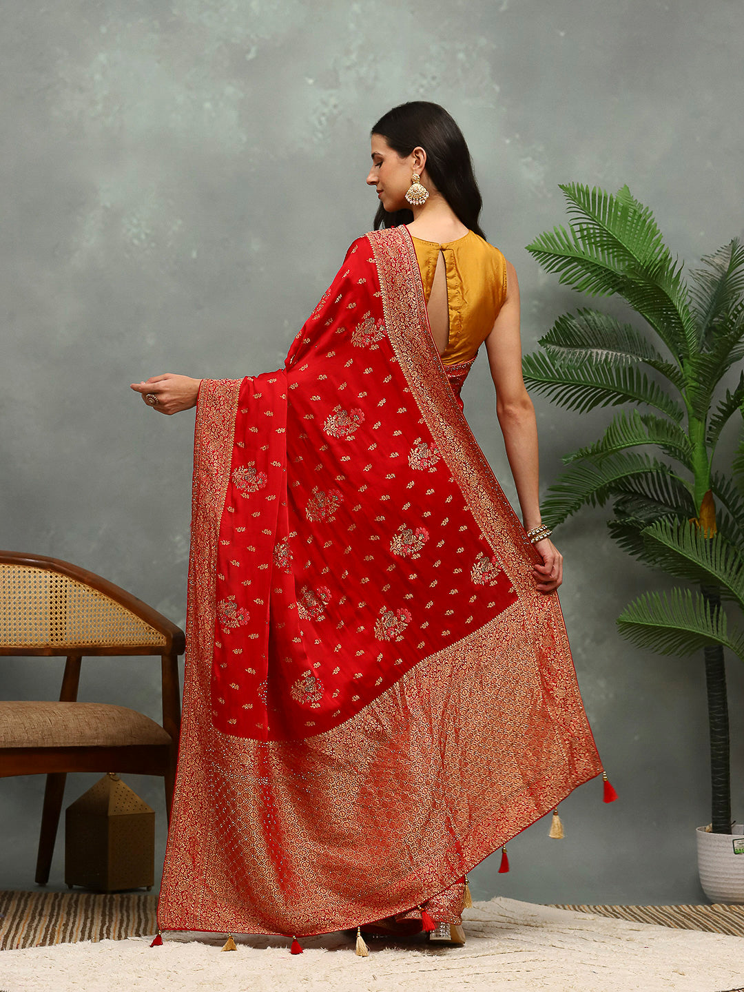 Stone Work Satin Embroidery Saree