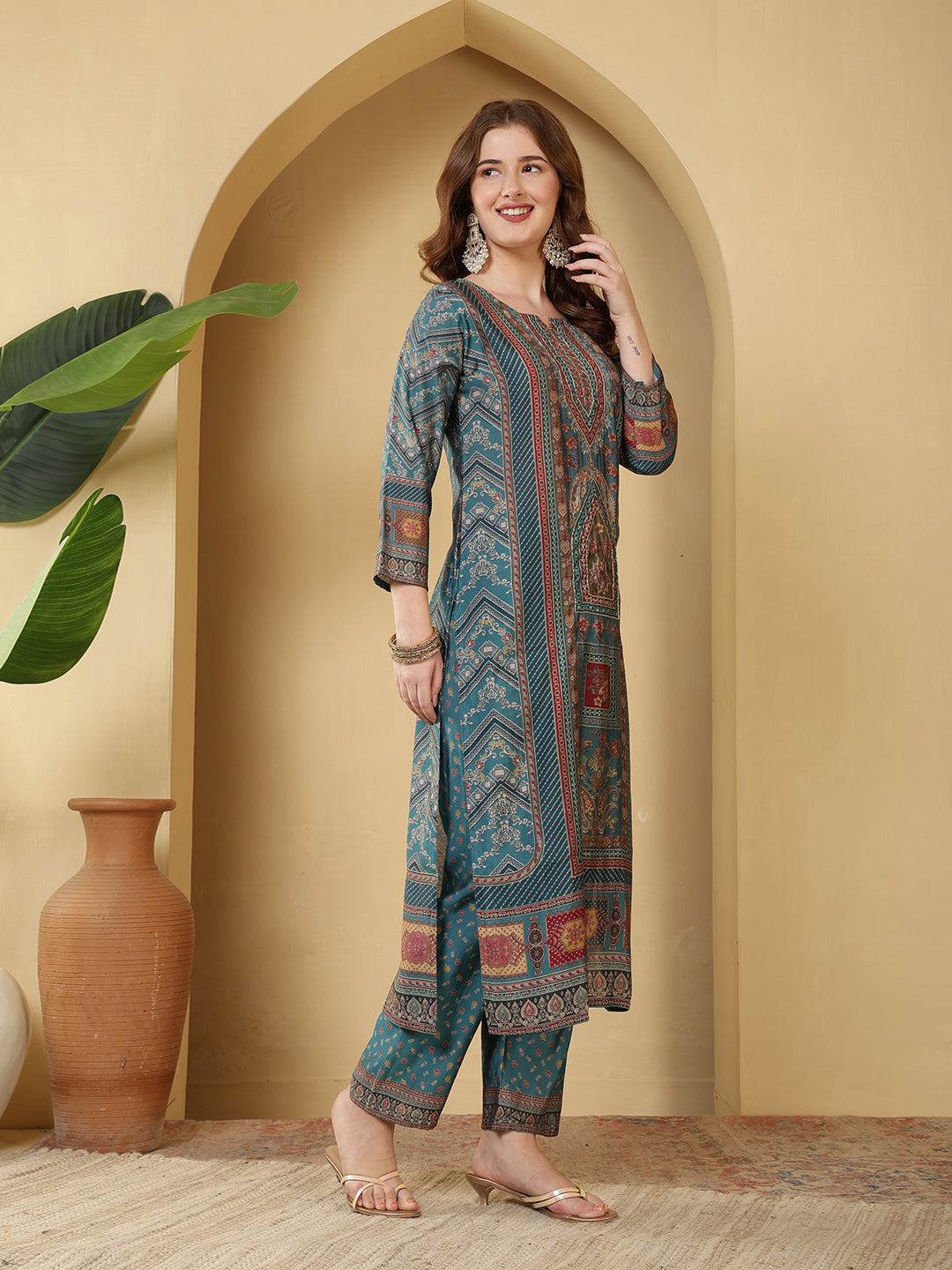 Neck Embroidered Muslin Kurta With Pants &amp; Dupatta