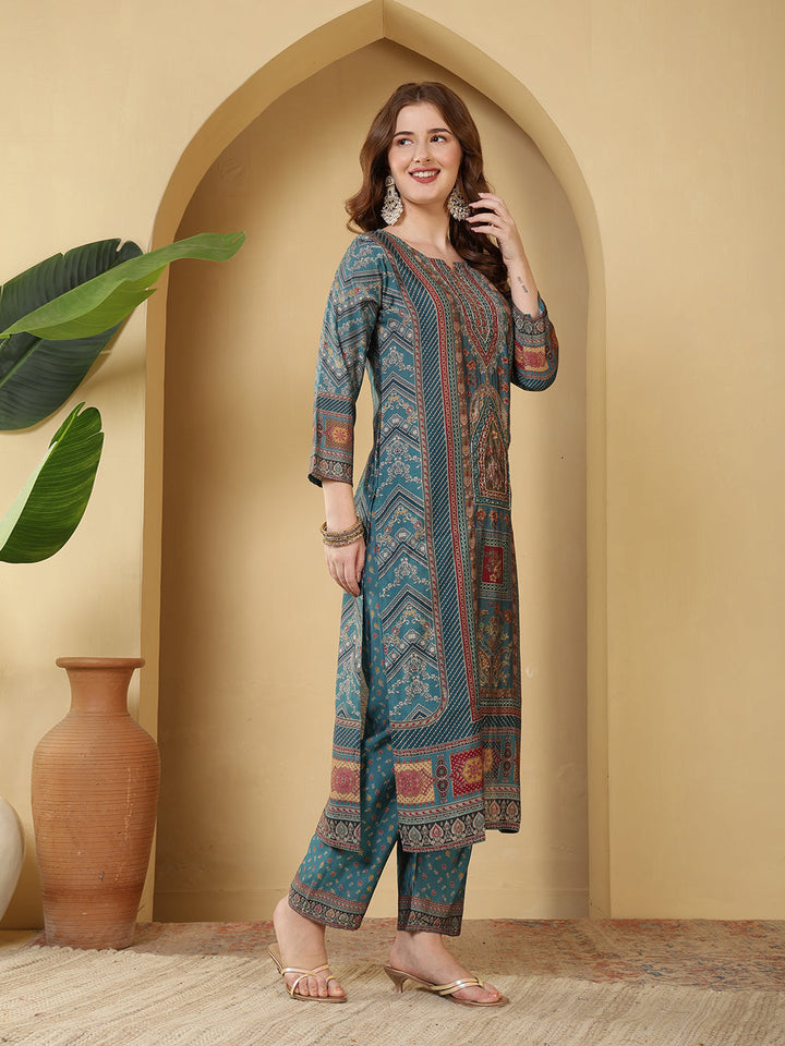 Neck Embroidered Muslin Kurta With Pants &amp; Dupatta