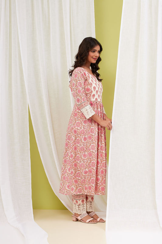 Floral Printed Cotton Anarkali Kurta With Pants