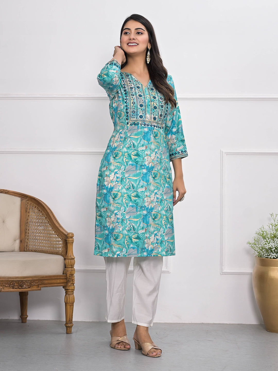 Printed Neck Embroidered Cotton Blend Kurta